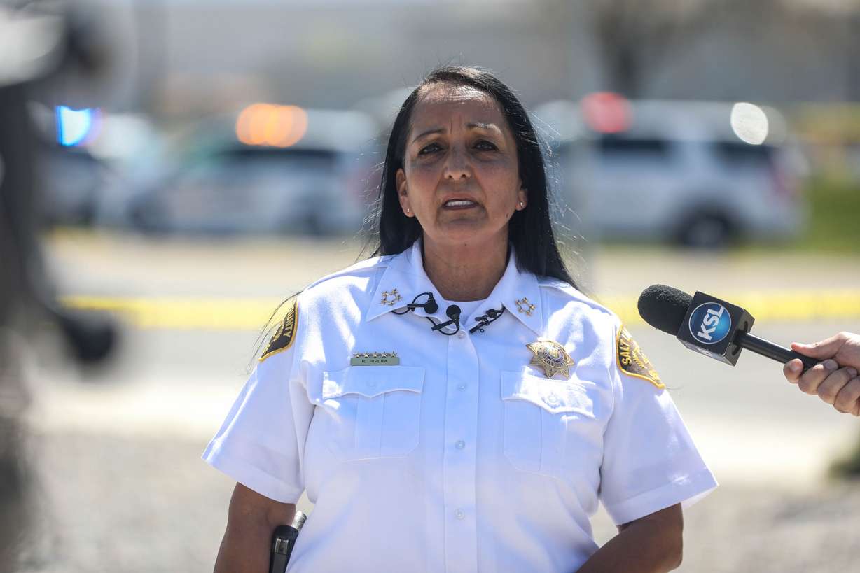 Salt Lake County Sheriff Rosie Rivera speaks at a shooting outside the Salt Lake County Sheriff's Office in Salt Lake City on Saturday, April 10, 2021.