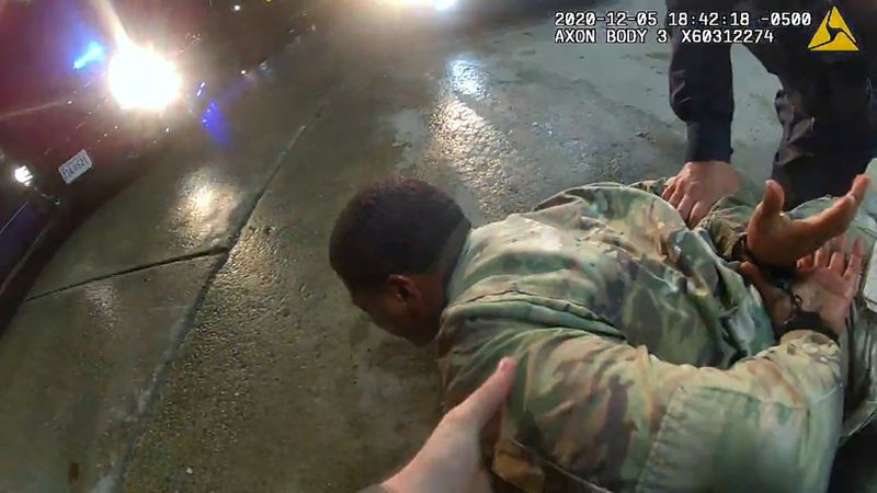 U.S. Army 2nd Lieutenant Caron Nazario is handcuffed after being sprayed with a chemical agent by Windsor police officer Joe Gutierrez at a gas station during a violent traffic stop in a still image from officer Daniel Crocker's body camera taken in Windsor, Virginia, U.S. May 12, 2020. Windsor Police/Handout via REUTERS