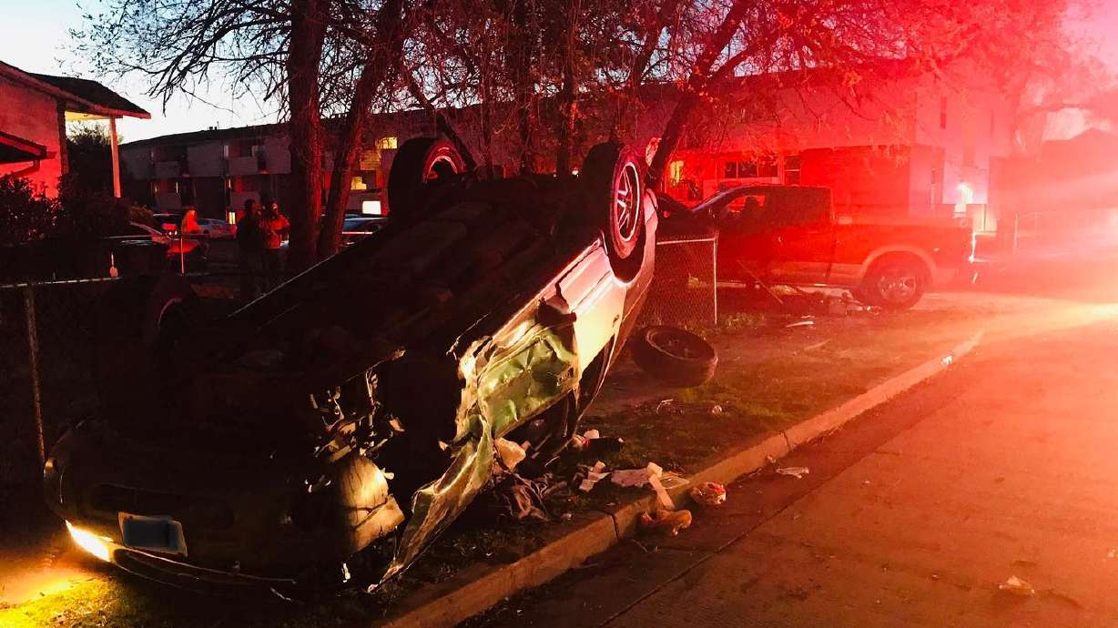 Four people were hospitalized after a rollover crash involving a truck and a van in Salt Lake City on Sunday, April 11, 2021.