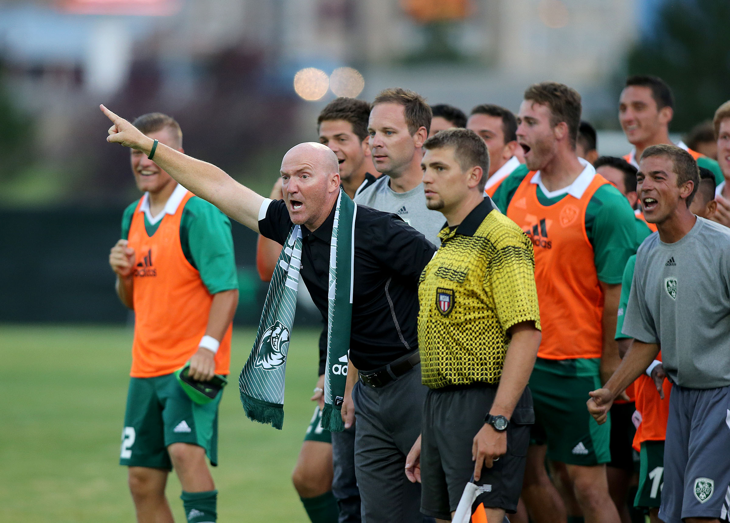 UVU head coach Greg Maas and his team play UMass in UVU men's soccer inaugural match Saturday, Aug. 30, 2014, in Orem.