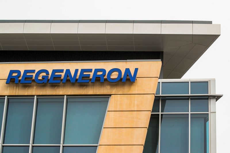 FILE PHOTO: The Regeneron Pharmaceuticals company logo is seen on a building at the company's Westchester campus in Tarrytown, New York, U.S. September 17, 2020.  REUTERS/Brendan McDermid