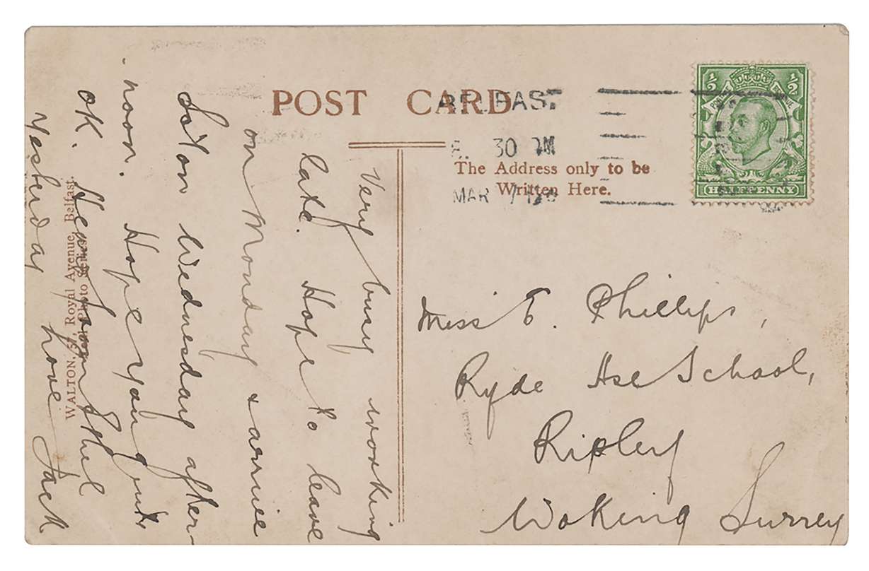 A photo copy of a postcard, provided by RR Auction, with a message written in March 1912 by the Titanic's senior wireless operator Jack Phillips, is shown with a postage stamp attached. The reverse side is dated May 31, 1911, and shows a photograph of the Titanic, in Belfast, Northern Ireland. The handwritten postcard was to Phillips' sister, Elsie Phillips.