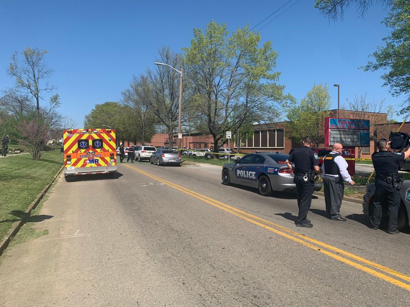 The scene outside Austin-East Magnet High School in Knoxville, Tennessee, April 12, 2021, in this photo posted to Twitter by Knoxville Police. Handout via REUTERS