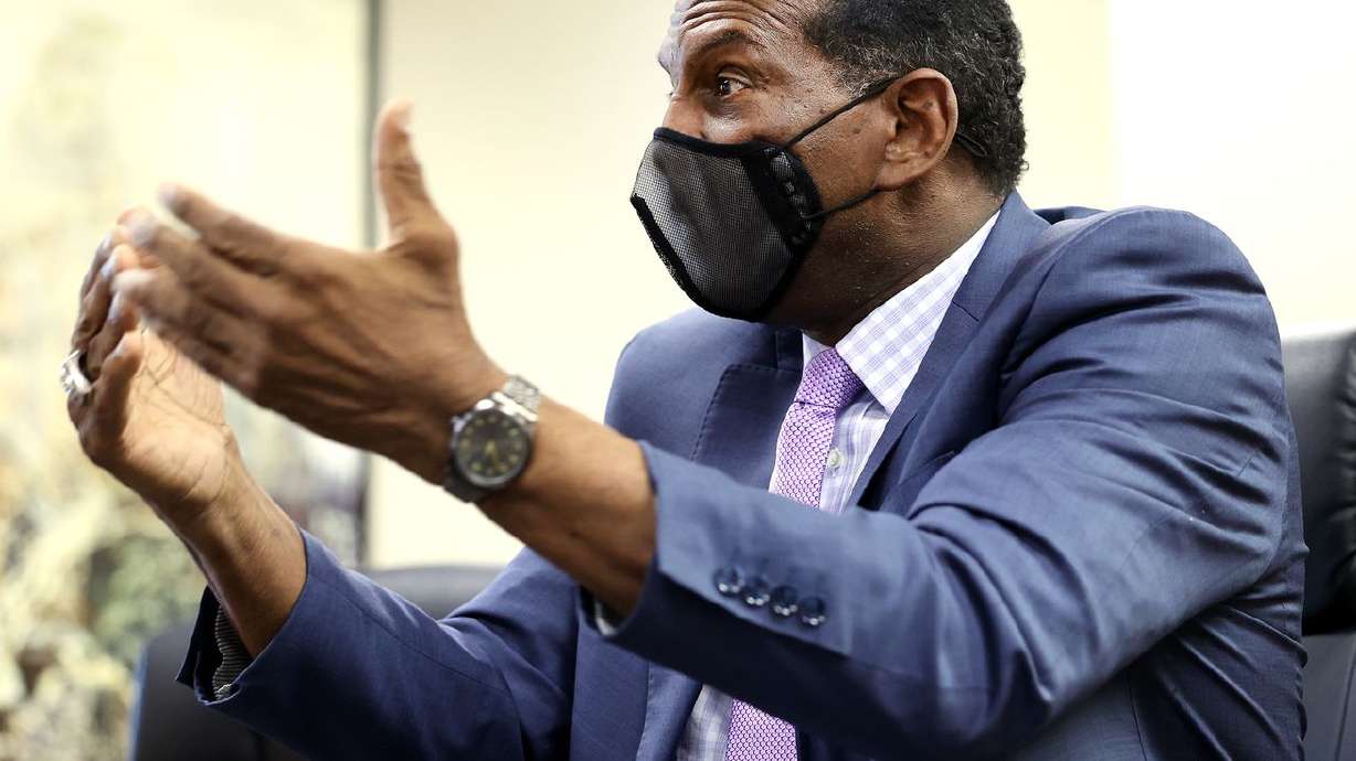 Rep. Burgess Owens R-Utah, talks during an interview at
his West Jordan offices on Monday, April 12, 2021.