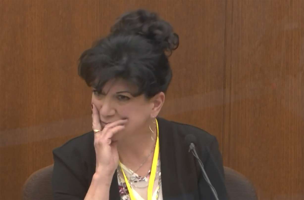 In this image from video, former paramedic Michelle Moseng testifies as Hennepin County Judge Peter Cahill presides, Tuesday, April 13, 2021, in the trial of former Minneapolis police Officer Derek Chauvin at the Hennepin County Courthouse in Minneapolis, Minn.
