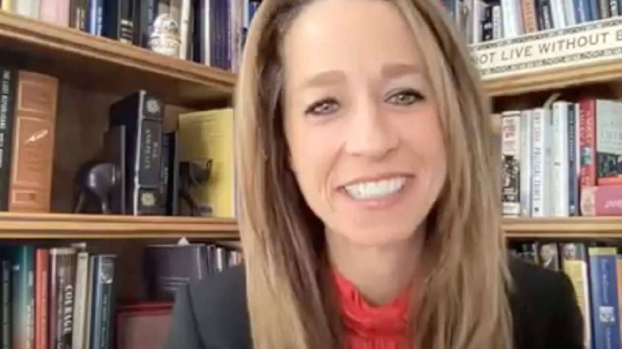 Utah first lady Abby Cox, wife of Utah Gov. Spencer
Cox, attends a Zoom call on Feb. 17. She announced a new suicide
awareness campaign on Tuesday.