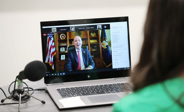 Gov. Spencer Cox talks via Zoom with a West Jordan Middle School student in West Jordan on Tuesday, April 13, 2021. During the meeting, Cox answered questions submitted by middle and high school student leaders from across the state in his first student town hall.