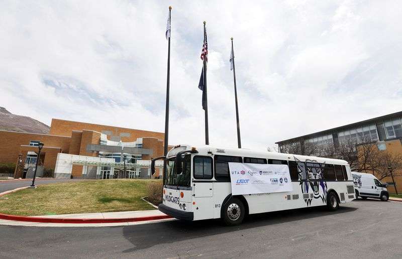 A bus with Weber State University’s logo is pictured at
a groundbreaking ceremony for the Ogden/WSU bus rapid transit
system at Weber State’s Browning Center in Ogden on Tuesday, April
13, 2021.