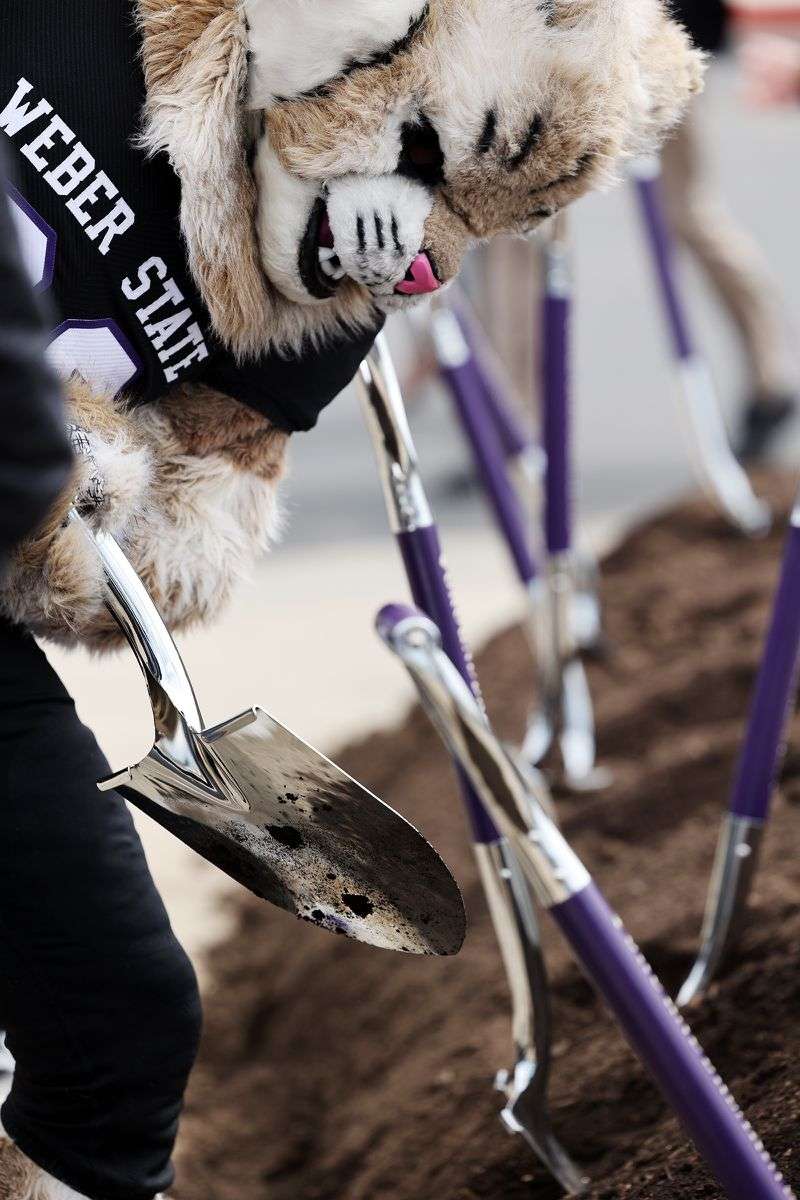 Weber State University mascot Waldo shoves a shovel
into dirt during a groundbreaking ceremony for the Ogden/WSU bus
rapid transit system at Weber State’s Browning Center in Ogden on
Tuesday, April 13, 2021.