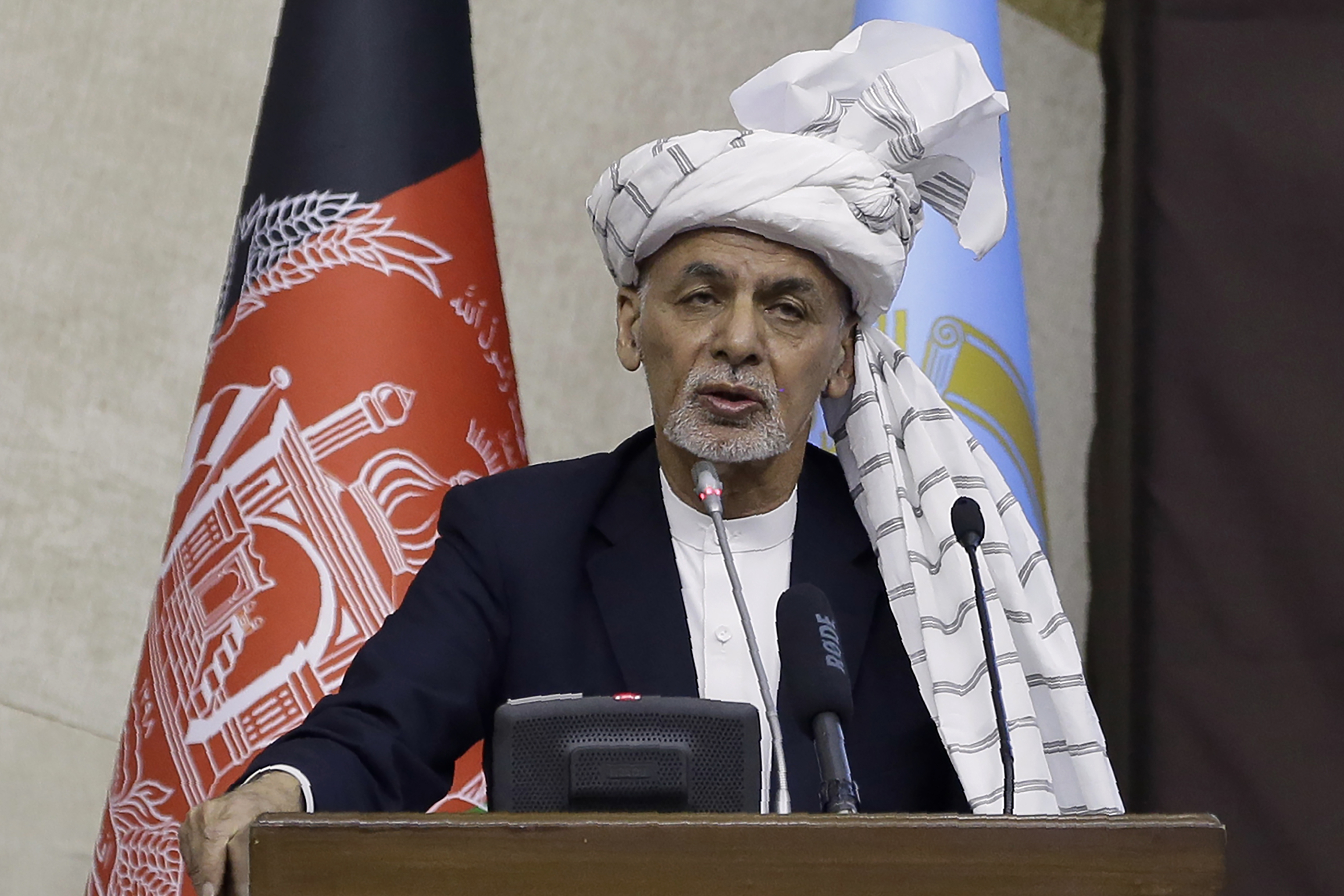 FILE - In this March 6, 2021, file photo, President Ashraf Ghani speaks during the opening ceremony of the new legislative session of the Parliament in Kabul, Afghanistan. (AP Photo/Mariam Zuhaib, File) [Apr-13-2021]