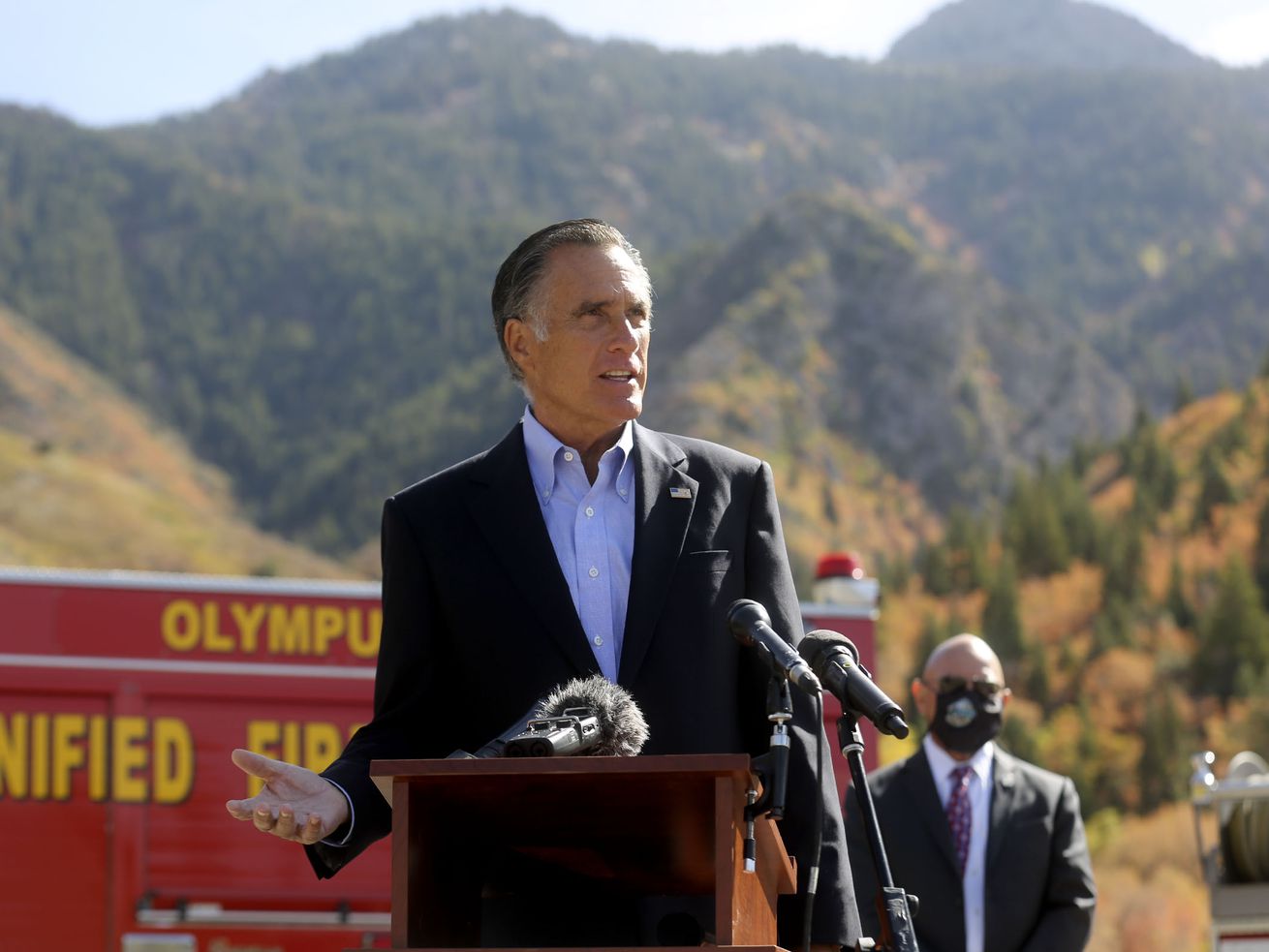 Sen. Mitt Romney, R-Utah, talks about his plan to
establish a wildfire commission during a press conference at the
Neff’s Canyon trailhead in Millcreek on Thursday, Oct. 15, 2020.