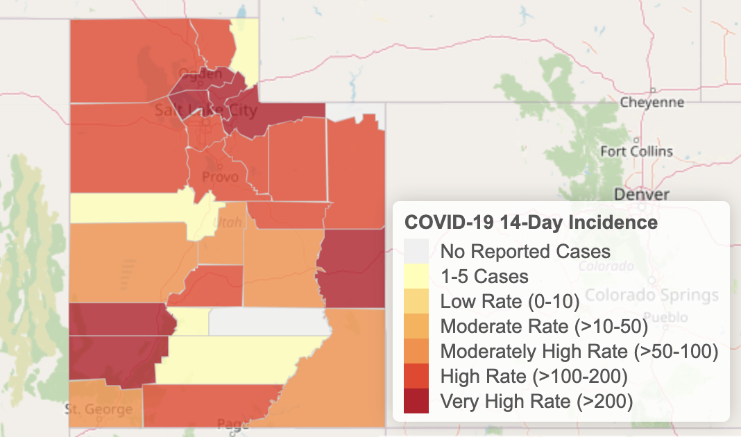 This map shows 14-day COVID-19 case rates per county in Utah through Tuesday, April 13, 2021.