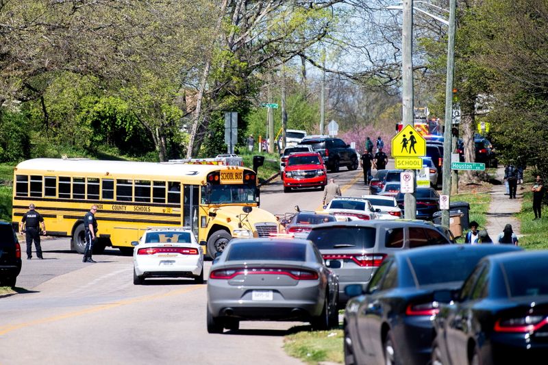 Police respond to a shooting at Austin-East Magnet High School in Knoxville, Tennessee, U.S. April 12, 2021.   Brianna Paciorka/News Sentinel/USA Today Network via REUTERS