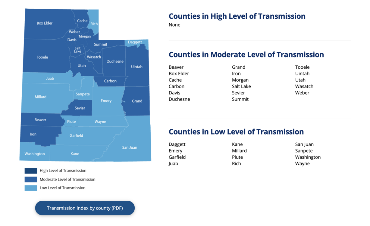 This graphic, taken from the Utah Department of Health's COVID-19 website, shows the transmission index level for individual Utah counties as of Thursday, April 15, 2021.