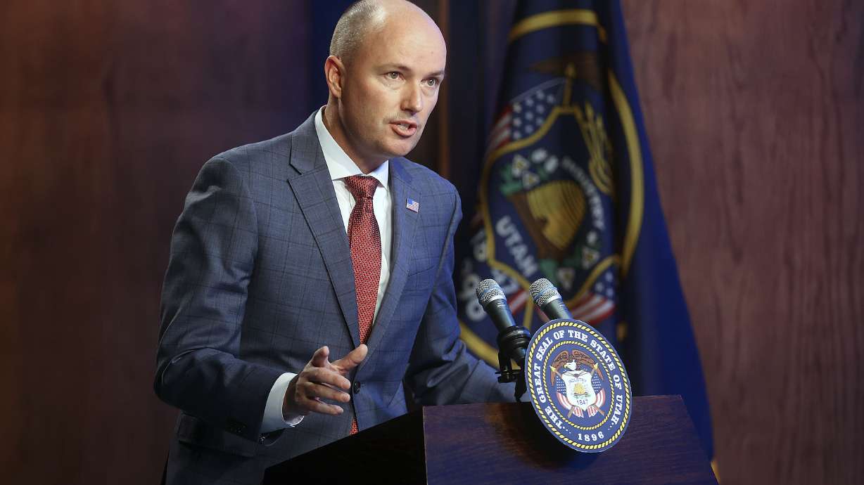 Gov. Spencer Cox speaks during the PBS Utah Governor's Monthly News Conference at the Eccles Broadcast Center in Salt Lake City on Thursday, April 15, 2021.