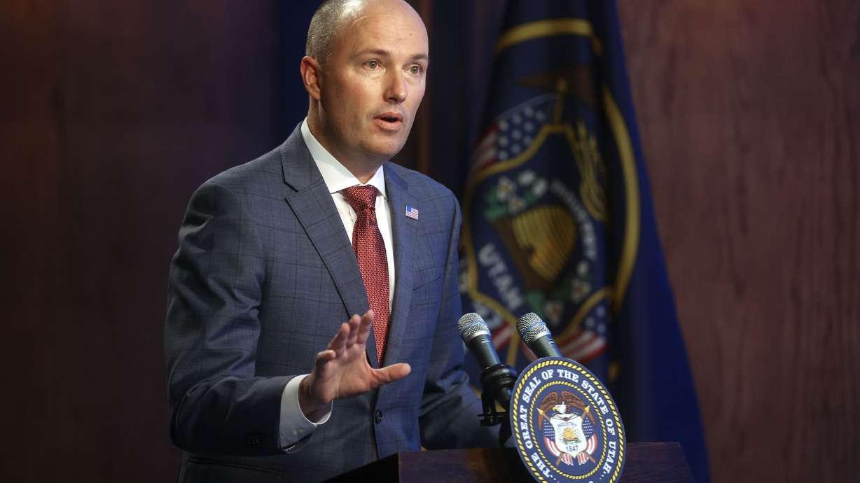 Gov. Spencer Cox speaks during the PBS Utah Governor's Monthly News Conference at the Eccles Broadcast Center in Salt Lake City on Thursday, April 15, 2021.