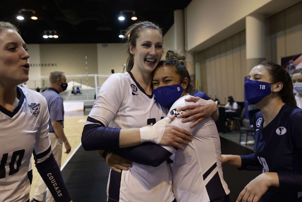BYU's Kennedy Eschenberg celebrates a point during a second-round match of the 2020 NCAA women's volleyball tournament against UCLA, Thursday, April 15, 2021 in Omaha.