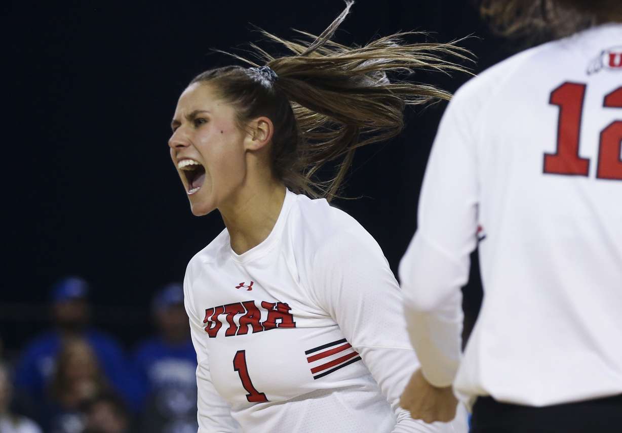 Utah outside hitter Dani Drews (1) celebrates after a point during the fifth set of a first-round volleyball game in the 2019 NCAA Division I Women's Volleyball Tournament at the George Albert Smith Fieldhouse in Provo on Friday, Dec. 6, 2019.