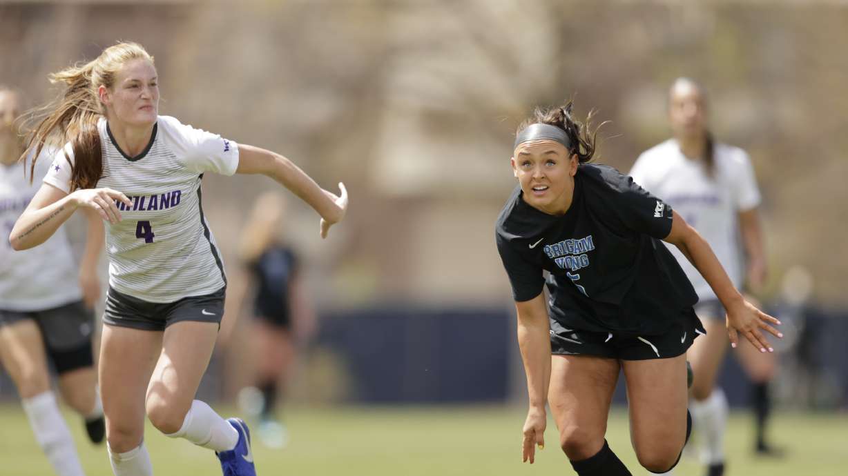 BYU's Brecken Mozingo goes for goal against Portland during the Cougars' regular-season finale, Saturday, April 17, 2021 in Provo.