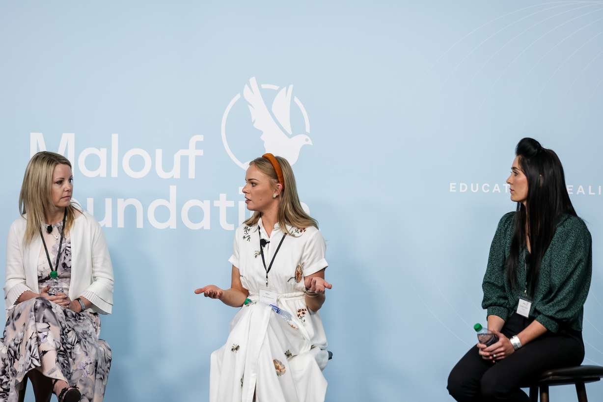 Human trafficking survivors Julie Whitehead, Coco Berthmann and Elizabeth Frazier speak on a panel at the Human Trafficking Policy and Education Summit at the Malouf Foundation in Logan on Saturday, April 17, 2021.