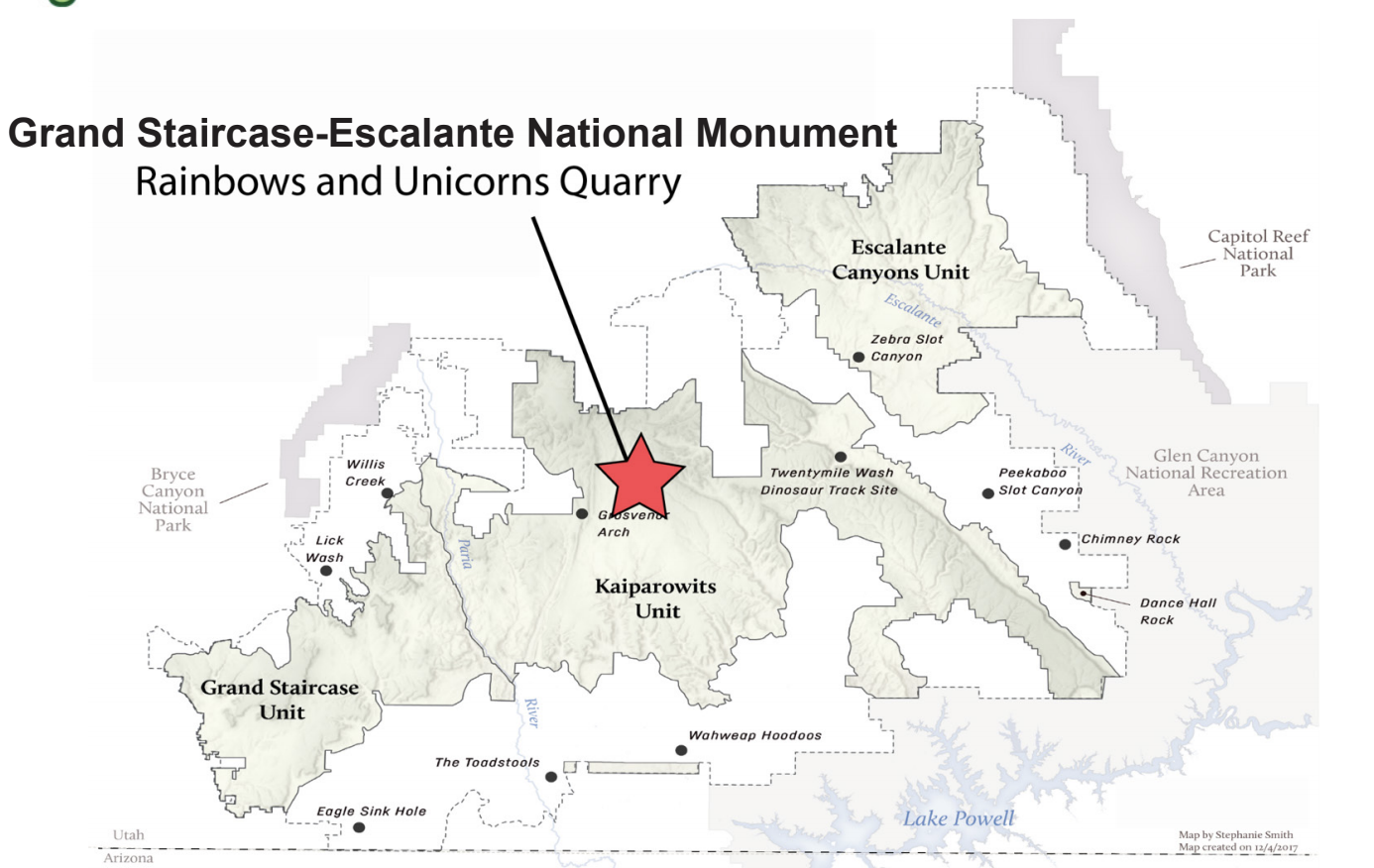 A map showing where the mass tyrannosaur death site was located in southern Utah.