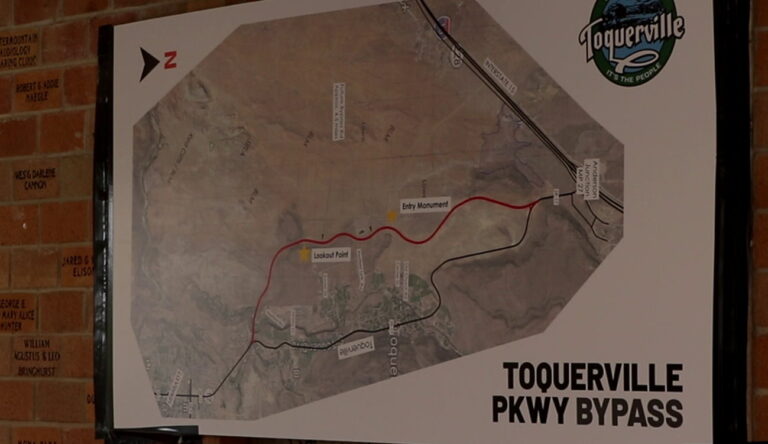 A map of the planned Toquerville Bypass (red route) shared during a community meeting on the incoming road and changes expected to come with it, Toquerville, Utah, April 17, 2021