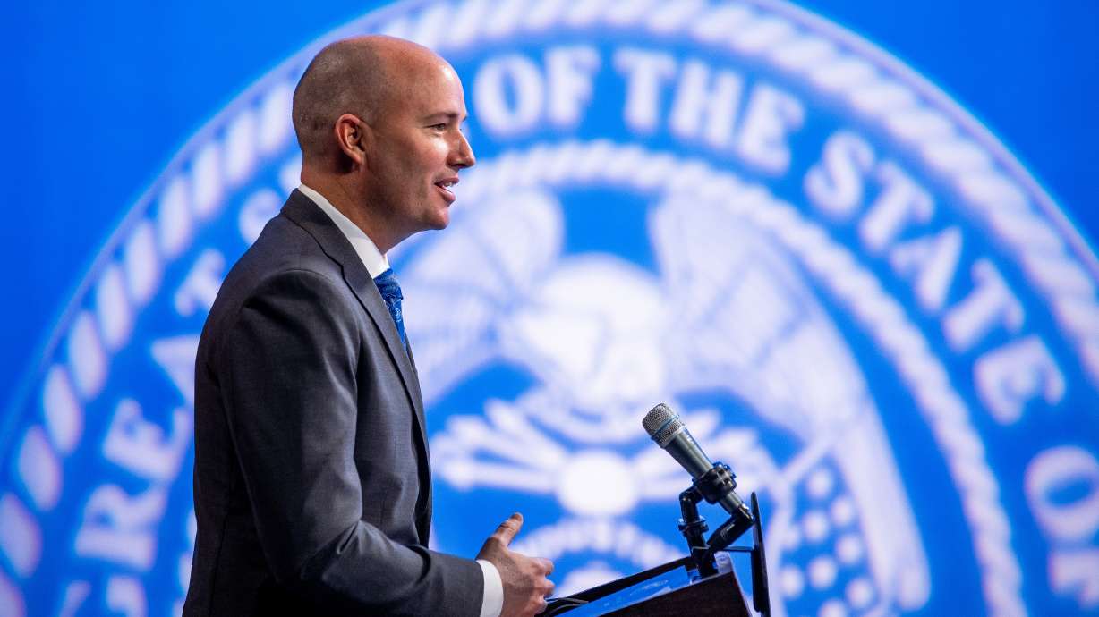 Gov. Spencer Cox speaks during his monthly news conference at PBS Utah in Salt Lake City on Thursday, March 18, 2021.