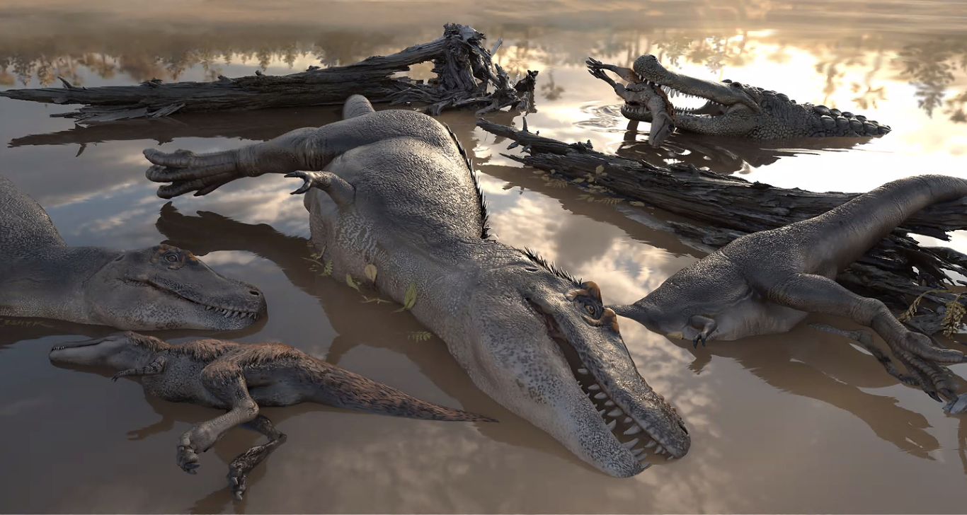 An illustration of the day more than 75 million years ago a group of tyrannosaurs drowned in a likely flood event.