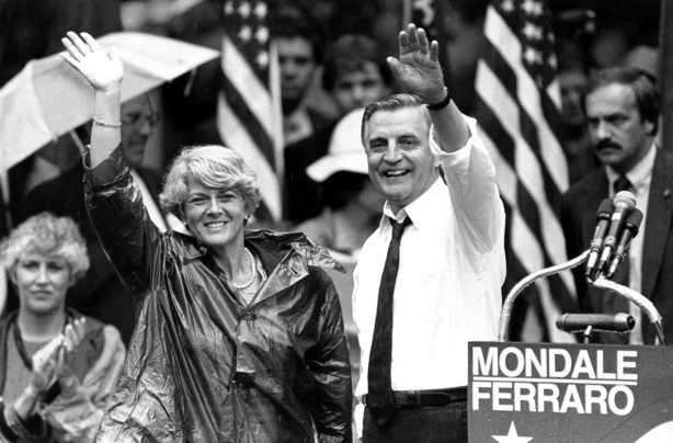 FILE - In this Wednesday, Sept. 5, 1984, file photo, Democratic presidential candidate Walter Mondale and his running mate, Geraldine Ferraro, wave as they leave an afternoon rally in Portland, Ore.