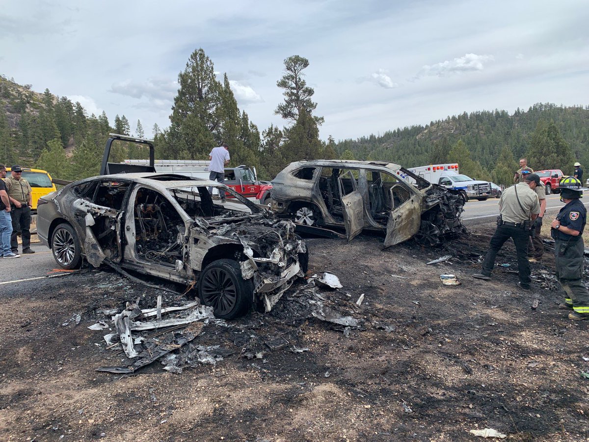 Six people were transported to the hospital after two vehicles collided head-on and burst into flames on U.S. Highway 89 on Tuesday, April 20, 2021.