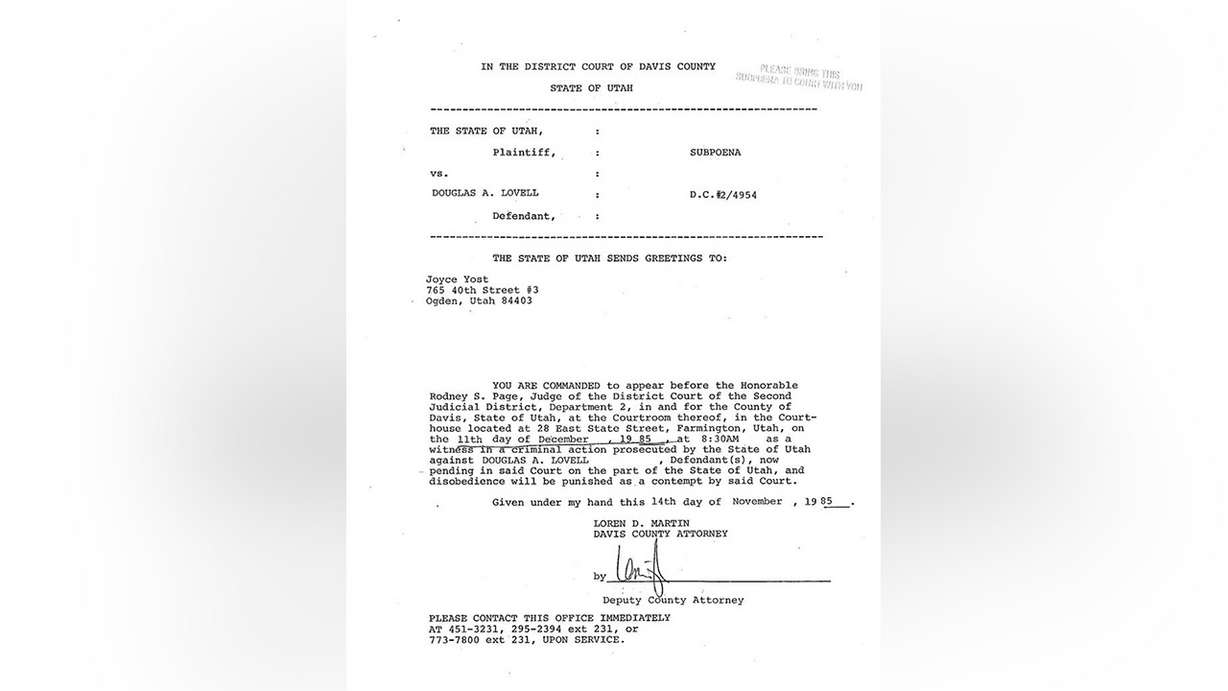 Utah 2nd District Court issued a subpoena commanding Joyce Yost to appear for the kidnapping and sexual assault trial against Douglas Lovell. Yost had disappeared months earlier and did not respond to the subpoena.