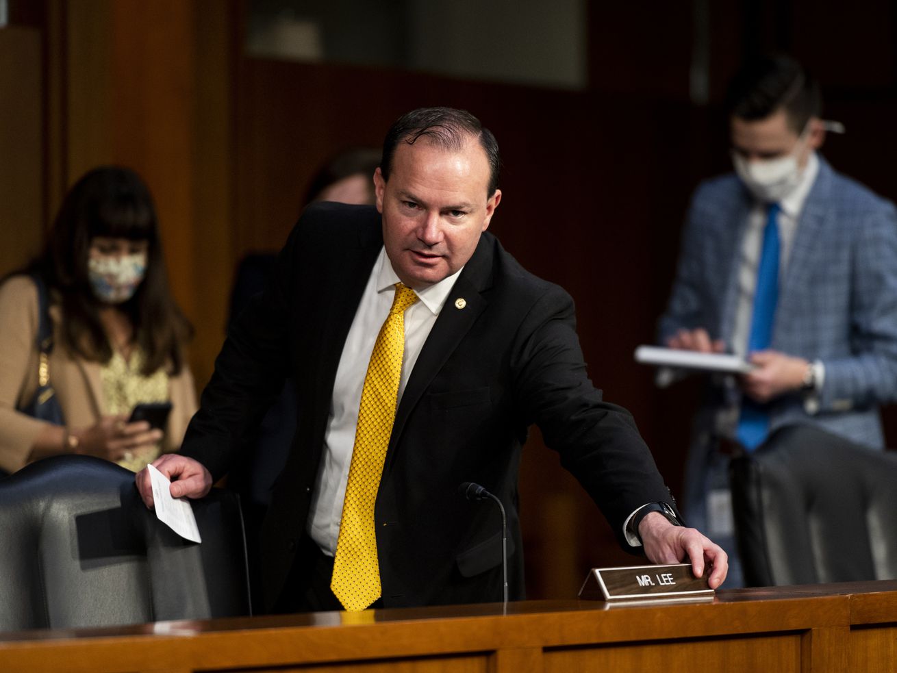 Sen. Mike Lee, R-Utah, arrives for a Senate Judiciary
Committee hearing on voting rights on Capitol Hill in Washington,
Tuesday, April 20, 2021. Lee joined a U.S. Senate subcommittee
Wednesday on allegations of anticompetitive conduct by Apple and
Google as witnesses from Spotify, Match.com and Tile testified on
their experiences with the U.S. mobile app superpowers.