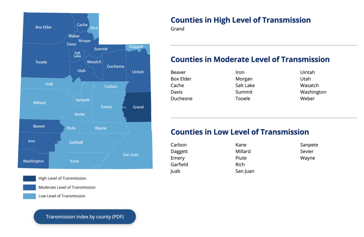This graphic, taken from the Utah Department of Health's COVID-19 website, shows the transmission index level for individual Utah counties as of Thursday, April 22, 2021.