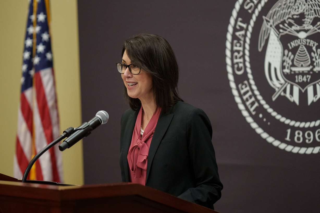 Lt. Gov. Deidre Henderson speaks at a COVID-19 briefing at the Capitol in Salt Lake City on Thursday, April 22, 2021.