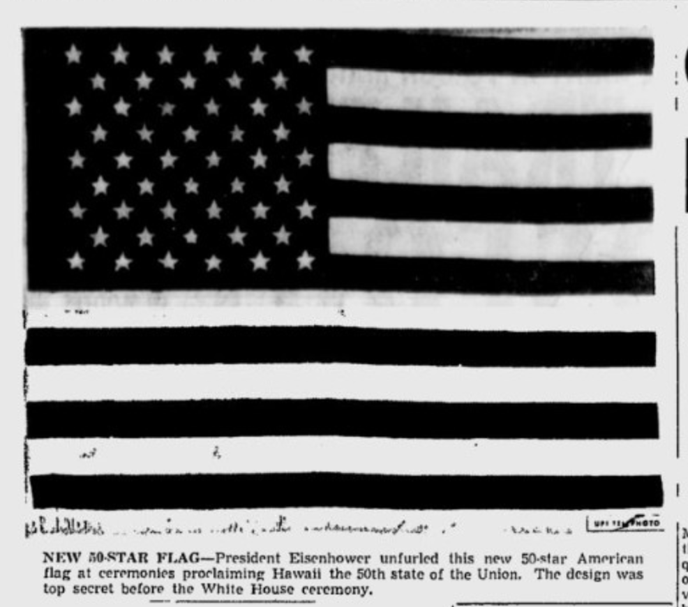 A photo of the 50-star U.S. flag after it was unveiled for the first time on Aug. 21, 1959. It has been the official U.S. flag design since July 4, 1960.