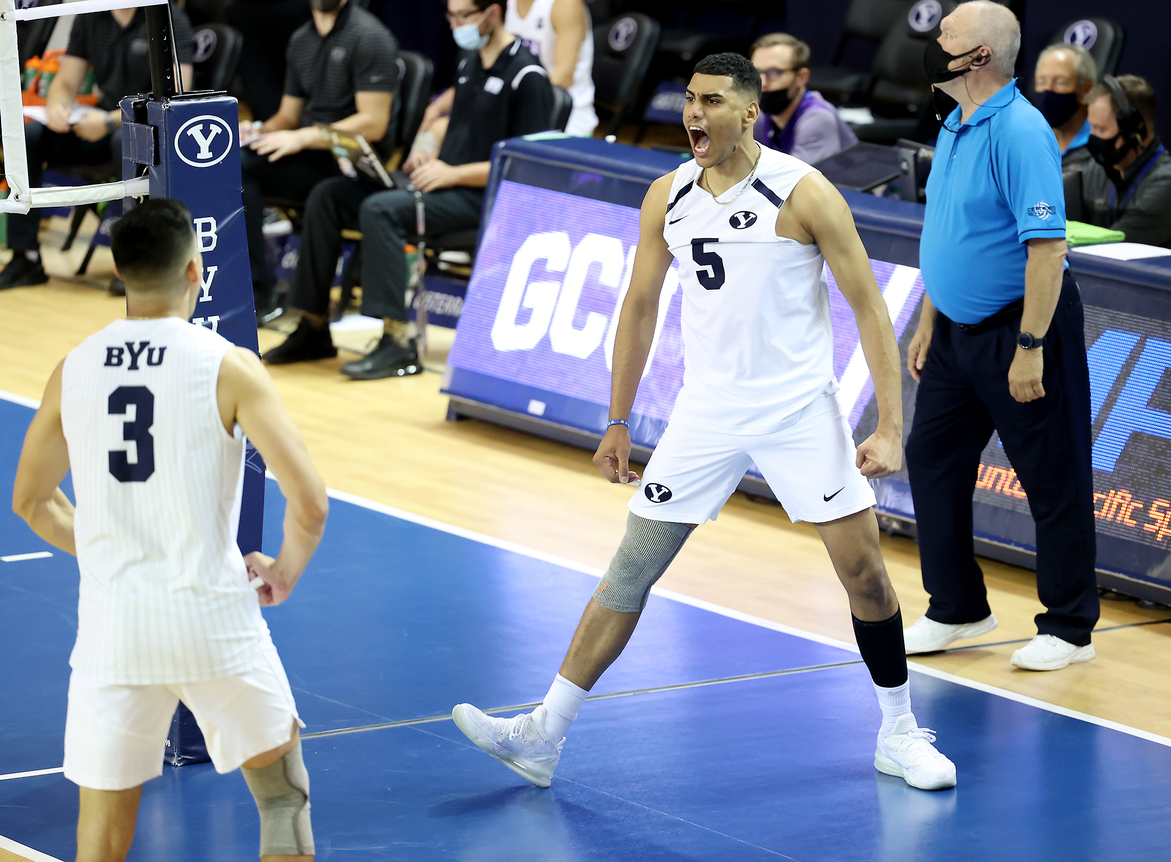BYU's Gabi Garcia Fernandez yells after a scoring a point to defeat Grand Canyon in the semifinals of the Mountain Pacific Sports Federation Championships at the Smith Field House in Provo on Friday, April 23, 2021.