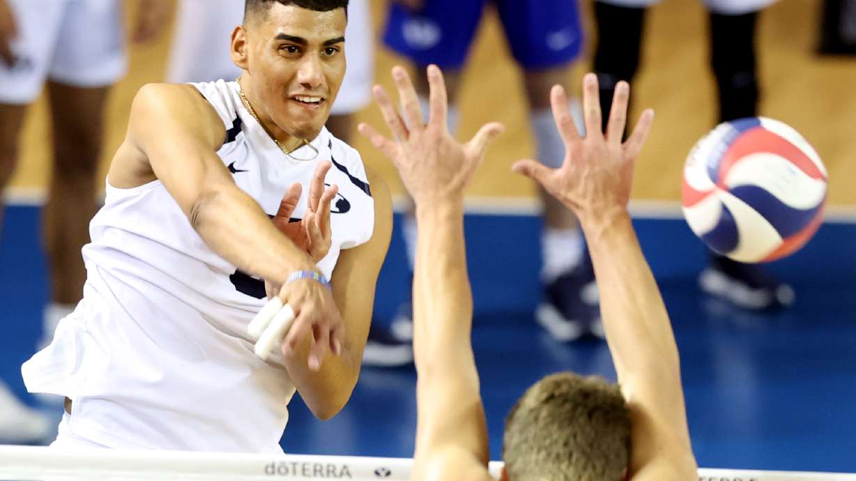 BYU’s Gabi Garcia Fernandez hammers the ball off Grand Canyon’s Camden Gianni as BYU defeats Grand Canyon in the semifinals of the Mountain Pacific Sports Federation Championships at the Smith Fieldhouse in Provo on Friday, April 23, 2021.