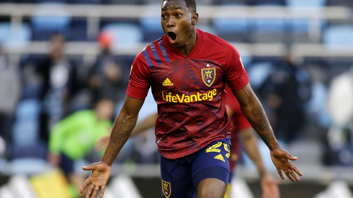 Real Salt Lake midfielder Anderson Julio celebrates a goal against Minnesota United during the first half of an MLS soccer match Saturday, April 24, 2021, in St. Paul, Minn. (AP Photo/Andy Clayton-King)