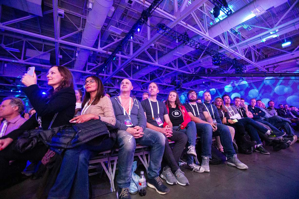 Audience members listen as Mark Zuckerberg, founder and CEO of Facebook, speaks at the Silicon Slopes Tech Summit at the Salt Palace Convention Center in Salt Lake City on Friday, Jan. 31, 2020.