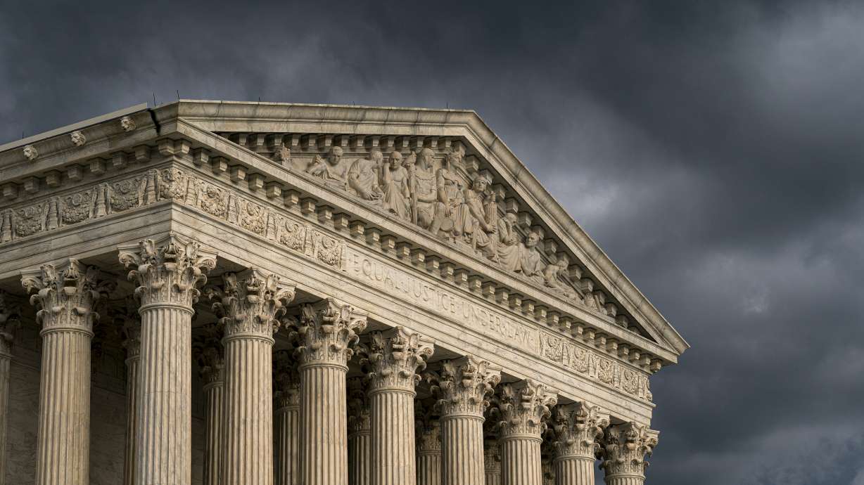 FILE - In this June 20, 2019, file photo, the Supreme Court is seen in Washington as a storm rolls in. On one side of an upcoming Supreme Court case over a proposed natural gas pipeline in New Jersey are two lawyers with more than 250 arguments between them. On the other is Jeremy Feigenbaum, a lawyer for New Jersey who will be making his first Supreme Court appearance.(AP Photo/J. Scott Applewhite, File)
