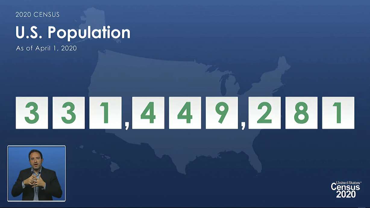 In this image from video provided by the U.S. Census Bureau, acting director of the U.S. Census Bureau Ron Jarmin speaks as a graphic showing the U.S. population as of April 1, 2020, is displayed during a virtual news conference Monday, April 26, 2021.