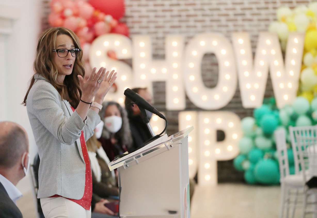 Utah first lady Abby Cox announcs her new statewide initiative called Show Up, a multifaceted endeavor aimed at promoting empathy in the state through service, during a service project for the state's foster and kinship families at Bridle Up Hope in Alpine on Tuesday, April 27, 2021.
