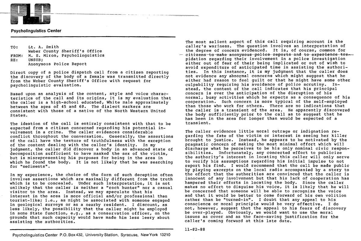 Murray Miron’s analysis of the anonymous call recording included an inference that the caller’s principal concern “is over the anticipation of the disruption of his normal, busy activities which he expects as a consequence of his cooperation.”