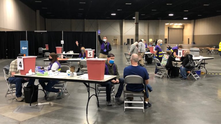 File photo of the Mass vaccination site at the Mountain America Expo Center in Sandy. The Utah Department of Health reported 351 new cases, 4 new deaths, and 19,910 new vaccinations for COVID-19 in Utah on Saturday.