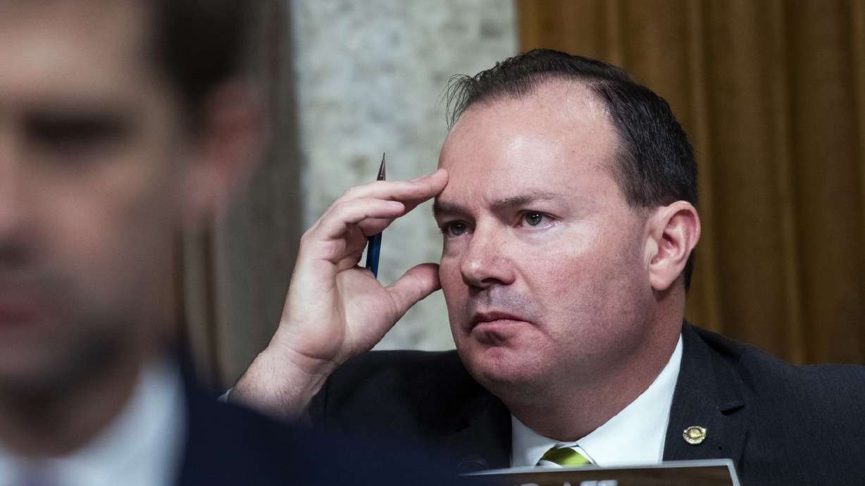 Sen. Mike Lee, R-Utah, right, and Tom Cotton, R-Ark.,
listen in during a Senate Judiciary Committee hearing on pending
judicial nominations on Wednesday, April 28, 2021, on Capitol Hill
in Washington. As President Joe Biden prepares to unveil his $1.8
trillion American Families Plan on Wednesday, Lee and Sen. Marco
Rubio, R-Fla., called for "meaningful, bipartisan” relief for
working families by building on their proposal to again expand the
child tax credit.