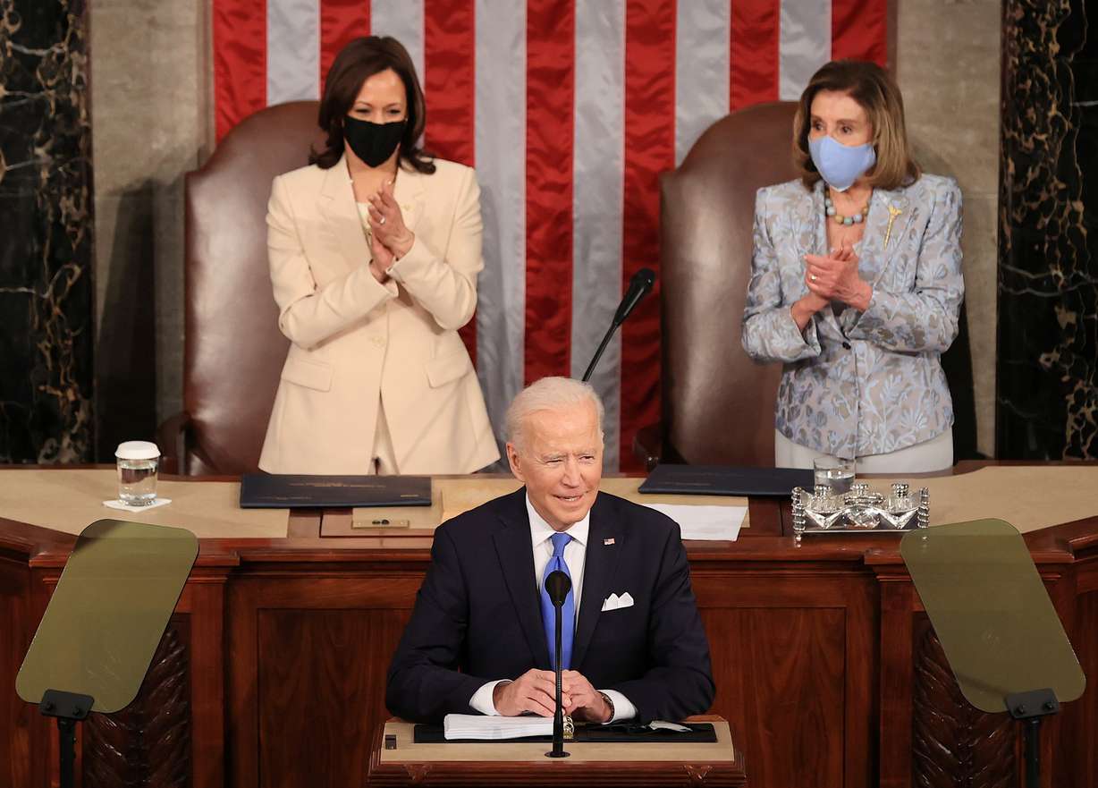 U.S. President Joe Biden addresses a joint session of Congress as President Kamala Harris and Speaker of the House U.S. Rep. Nancy Pelosi (D-CA) react in the U.S. Capitol in Washington, DC, U.S. April 28, 2021.