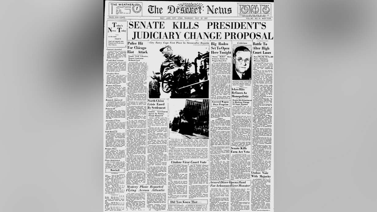 The front page of a July 22, 1937, edition of the Deseret News following a Senate vote to send a bill about the Supreme Court back to a committee.