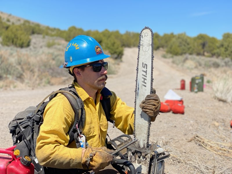 Capt. Jon Slatore, fire management officer for Unified Fire Authority, practices wildland firefighting at Camp Williams on Thursday, April 29, 2021.