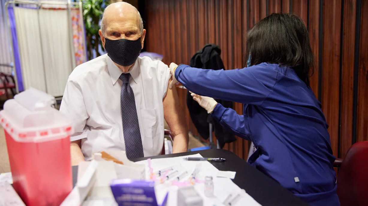 President Russell M. Nelson receives a first dose of the COVID-19 vaccine at the Salt Lake County Health Department in Salt Lake City on Jan. 19, 2021.
