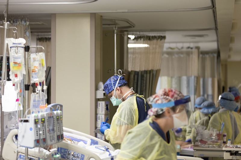 This undated photo shows Intermountain Healthcare staffers working in a hospital during the early COVID-19 pandemic. On Friday Utah health officials reported 2,189 new cases of COVID-19 and 21 deaths; Intermountain Healthcare also announced a postponement of many non-urgent surgeries due to the number of COVID-19 patients they're caring for.
